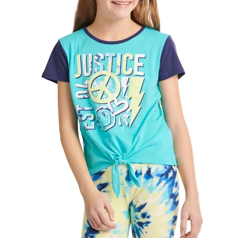 Justice girls blue and yellow tie front shirt